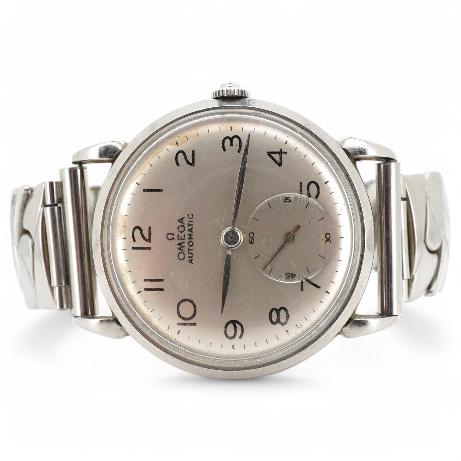 A gentleman's late 1940's stainless steel Omega automatic wrist watch, with Arabic dial and subsidiary seconds, case diameter 33mm, on an associated flexible strap. Condition - poor to fair